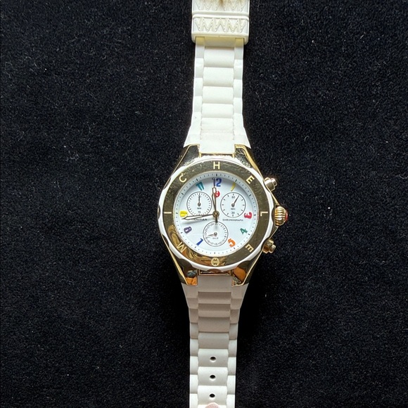Michele White Silicone Strap Chronograph Watch with Gold Bezel